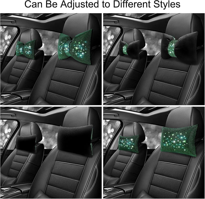 surpassme 2PCS Rhinestone Car Headrest Neck Pillow for Driving with Bling Bling Crystal Bow Pillow Car Accessories for Women (Green) - Image 3